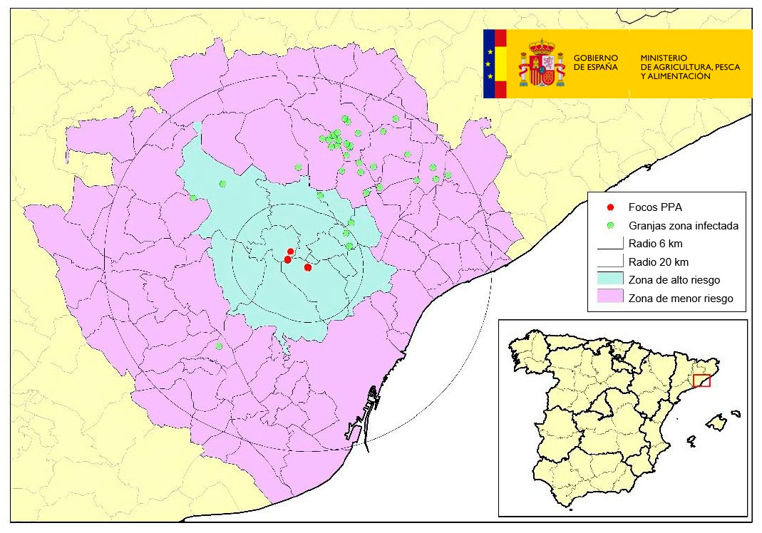 Localização da explorações restritas dentro da área infectada, com concelhos em zonas de alto e menor risco. (Fonte: MAPA)