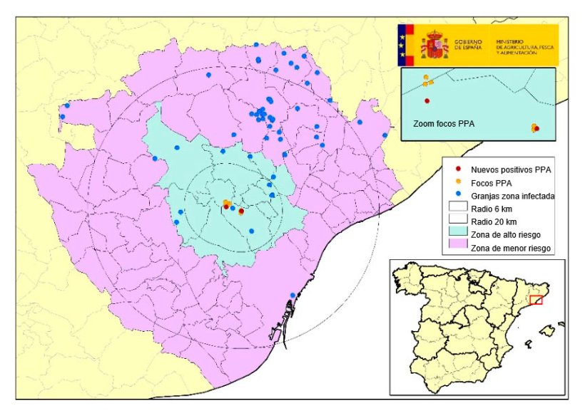 Localização dos 7 focos em javalis e das explorações de suínos localizadas na zona infectada, com concelhos em zonas de alto e baixo risco (Fonte: MAPA).