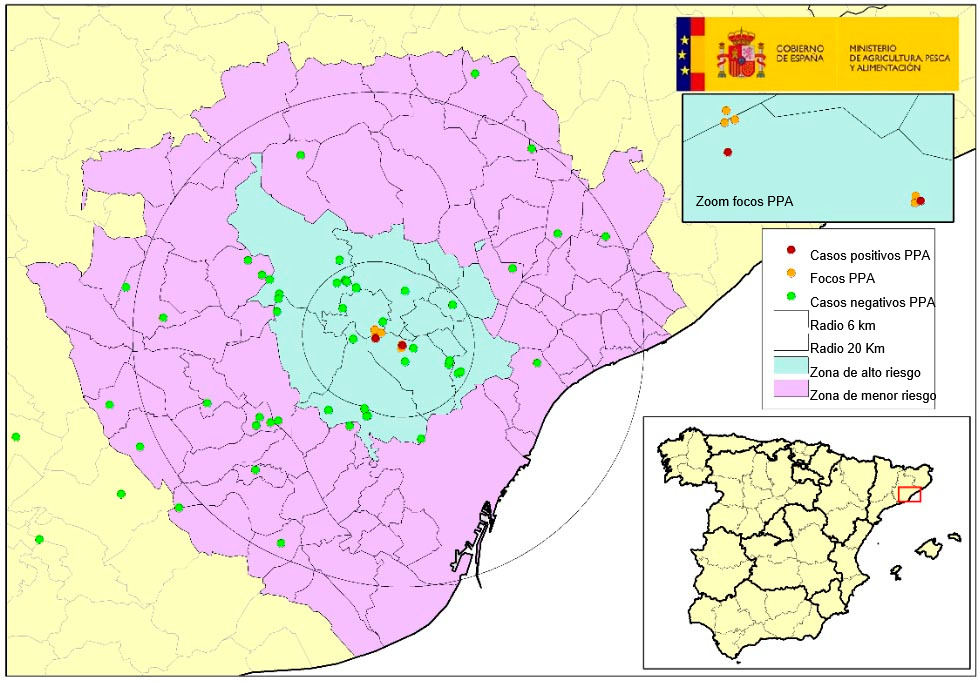 Localização dos 7 focos em javalis e dos javalis mortos encontrados na Catalunha que testaram negativo (Fonte: MAPA).
