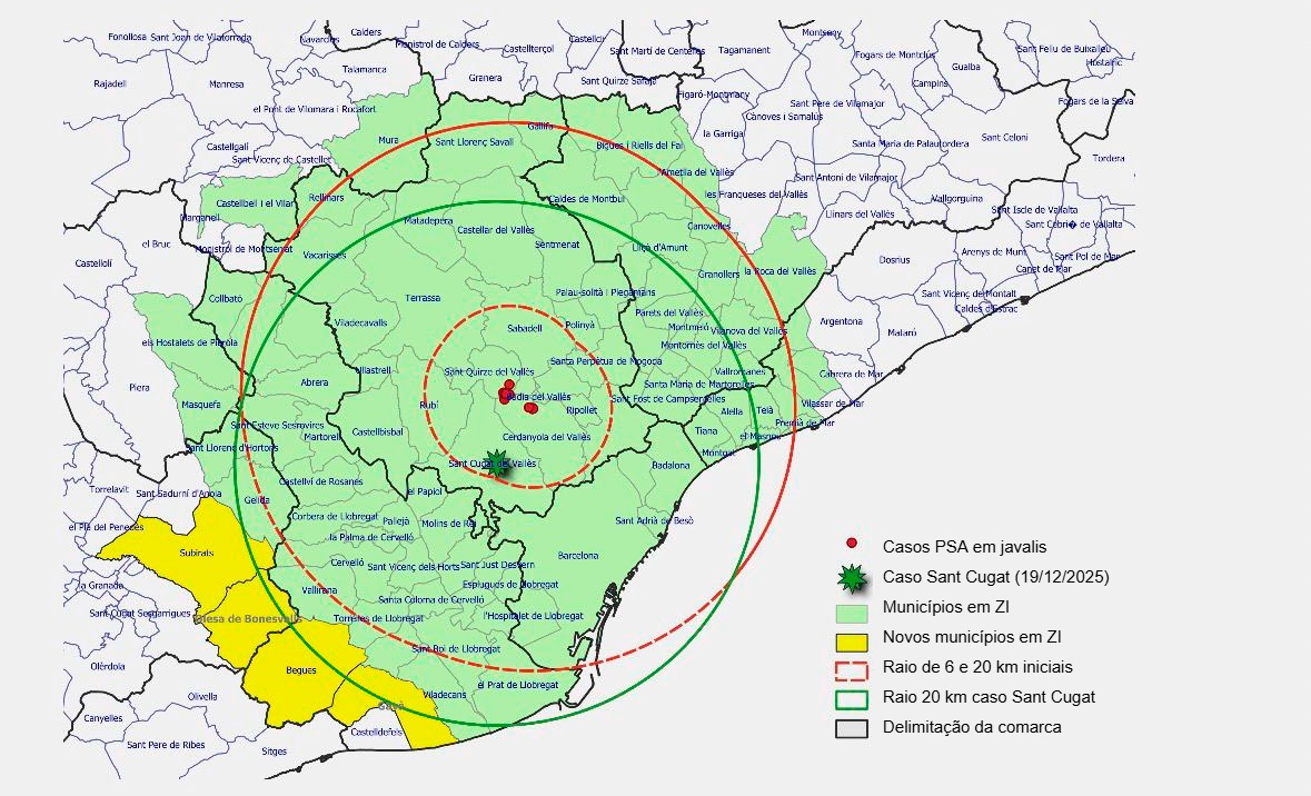 Mapa com os novos municípios afetados após a deteção de um novo caso. Fonte: Generalitat de Catalunya.