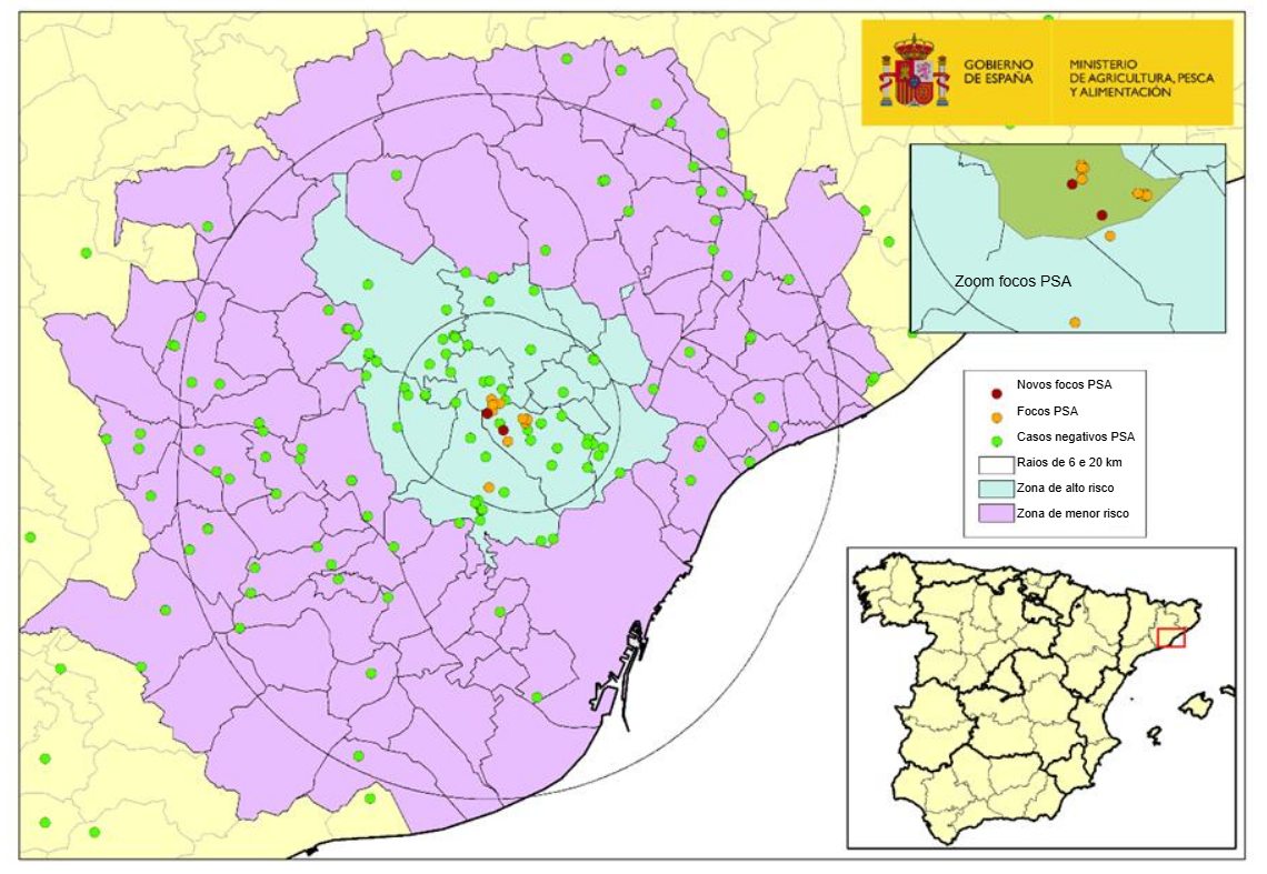 Localização dos 13 focos em javalis e capturas ou descobertas de mortos negativos detetados na Catalunha (Fonte: MAPA)