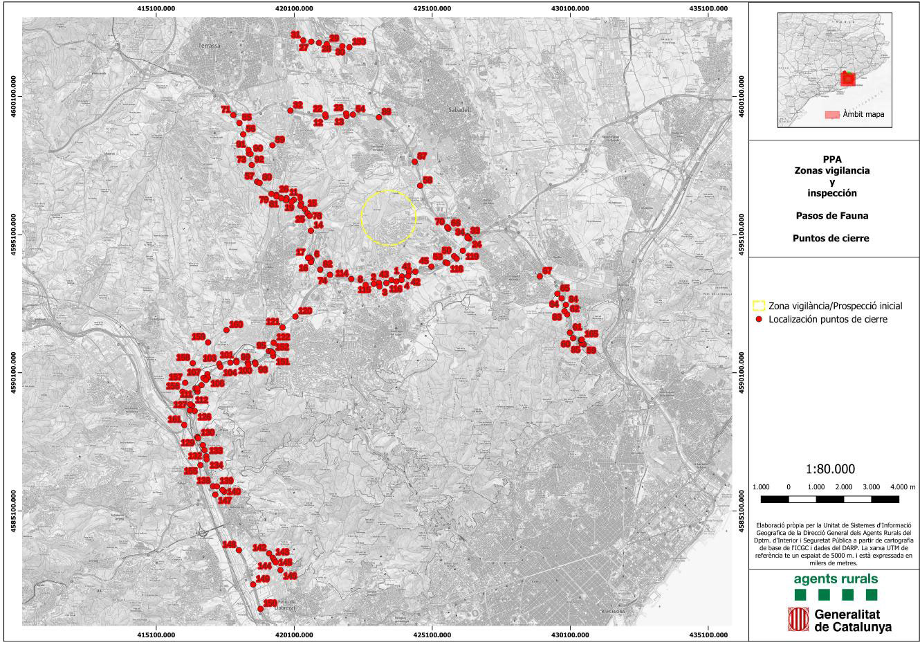 Figura 4. Postos de controlo em áreas vedadas da zona central e no parque natural de Collserola.