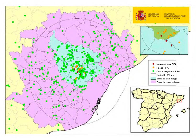 Localiza&ccedil;&atilde;o dos 23 focos em javalis e dos javalis capturados ou mortos que testaram negativo na Catalunha (Fonte: MAPA).
