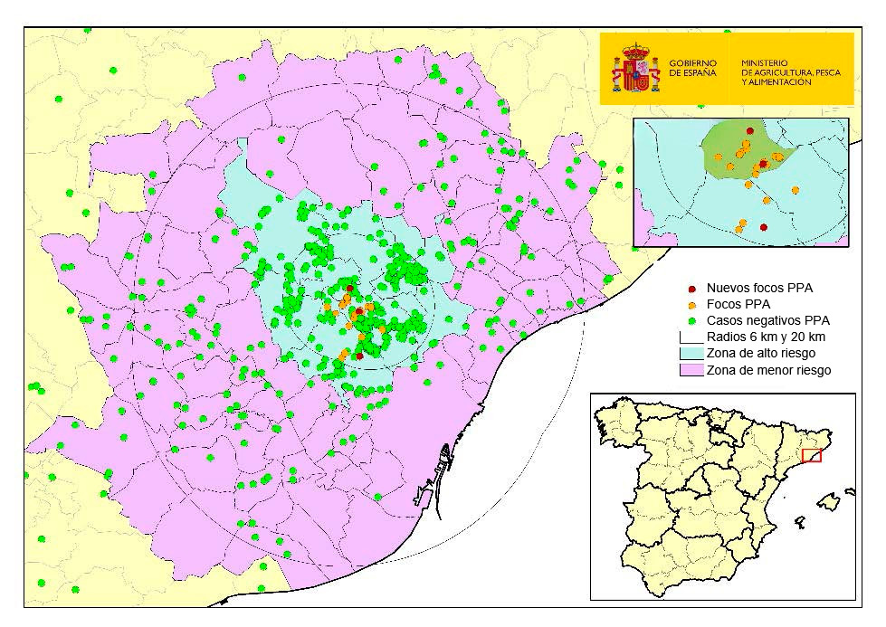 Localiza&ccedil;&atilde;o dos 26 focos em javalis e dos javalis capturados ou encontrados mortos com resultado negativo na Catalunha (Fonte: MAPA) 