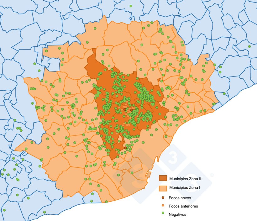 Localização dos 37 focos em javalis e dos javalis capturados ou encontrados mortos que testaram negativo na Zona Restrita II (Fonte: MAPA).
