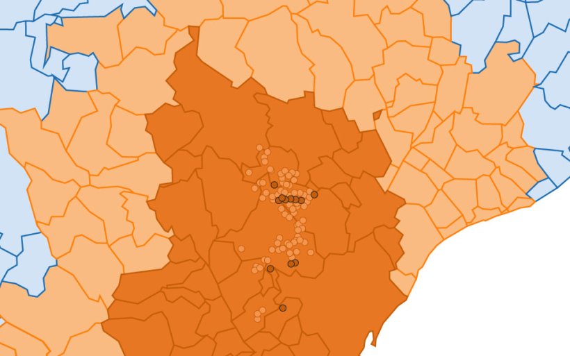 Localização detalhada dos 216 casos de javali detectados na Zona Restrita II. Círculo claro: casos anteriores. Círculo escuro: casos recentemente notificados (Fonte: Departamento de Agricultura, Pecuária, Pescas e Alimentação).
