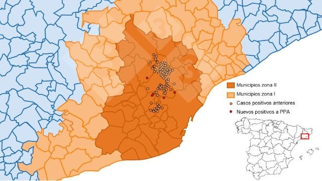 Localização detalhada dos 238 casos de javalis detectados na Zona Restrita II.