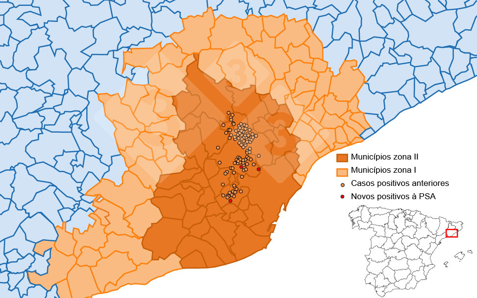 Localiza&ccedil;&atilde;o detalhada dos casos de javalis encontrados na zona restrita II. Fonte: 333 com base em dados do MAPA e SVO.