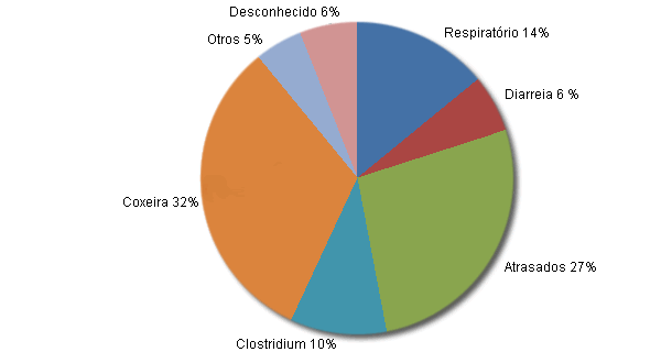 Distribuição da % de baixas por causa nas engordas das explorações com diarreia