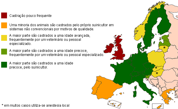 Mapa das variações regionais na castração de leitões na Europa