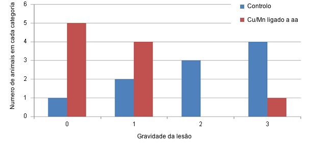 Distribuição da gravidade das lesões na cartilagem (escala de 0 a 3) de animais controlo ou com uma dieta com Cu/Mn ligados a aminoácidos.