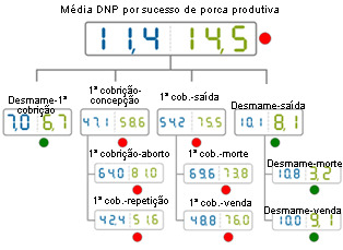 comparativa del año 2012 de los DNP por suceso de cerda.Media de base de datos (azul) vs media de la explotación  analizada (verde)