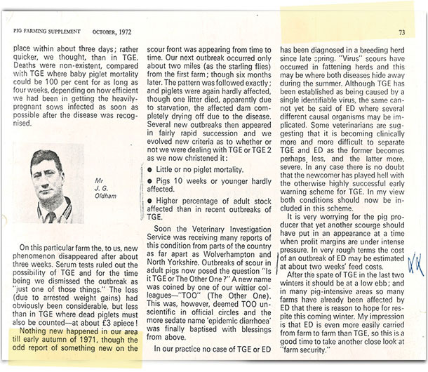 En 1971, un veterinario (Oldham) escribió en un diario británico “Pig farming supplement”, un breve artículo titulado "cómo empezó todo".