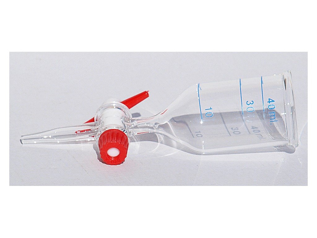 Funil cilíndrico graduado de 40 ml para 2ª decantação, com chave de teflon Funil cilíndrico graduado de 40 ml para 2ª decantação, com chave de teflon
